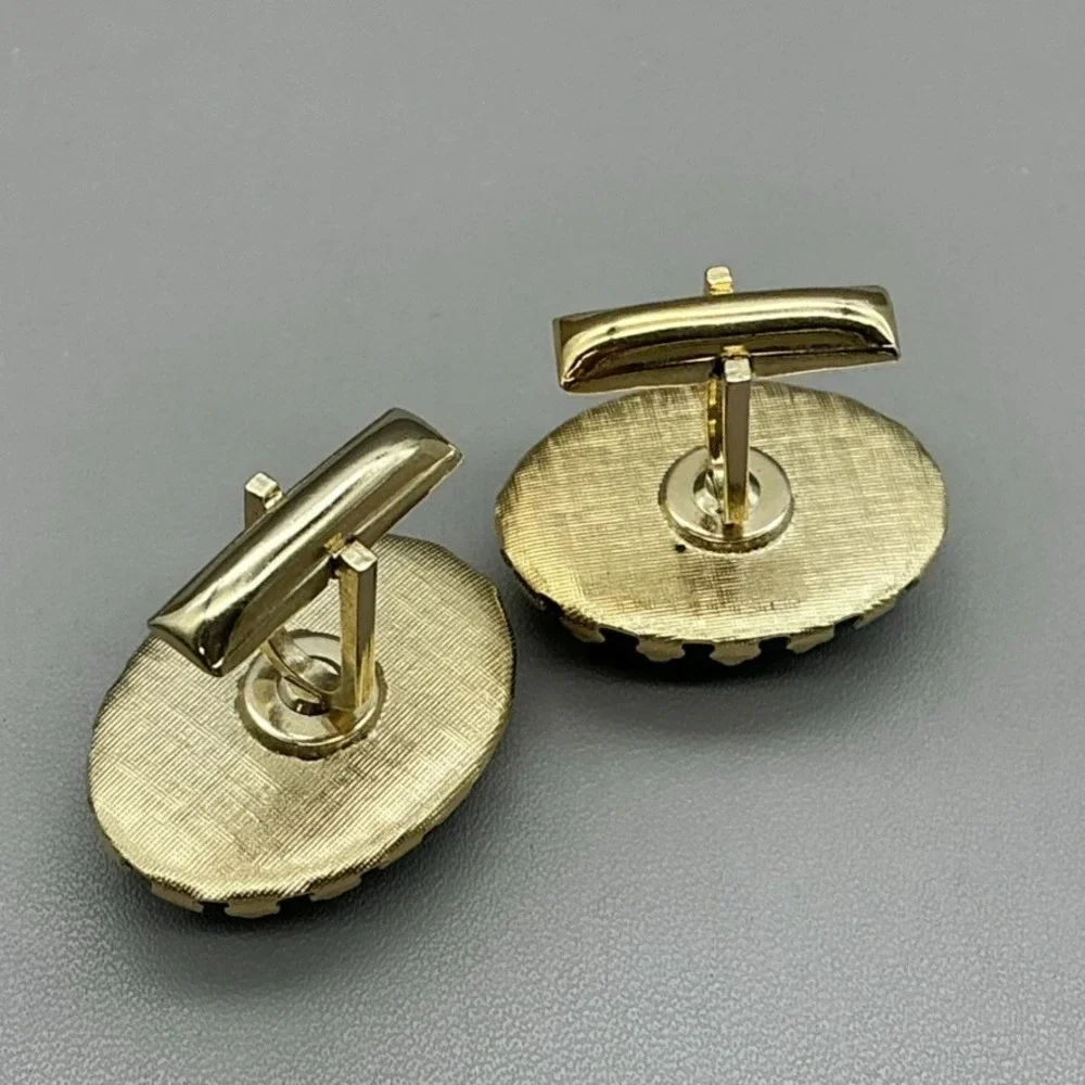 Vintage Oval Cufflinks Black Green Art Glass Cabochon Gold Tone Men's Jewelry